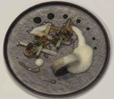 Terrine de lièvre au foie gras, céleri et gelée de raisins. Champignons de la région, salade de salsifis et jus tranché au vieux xérès